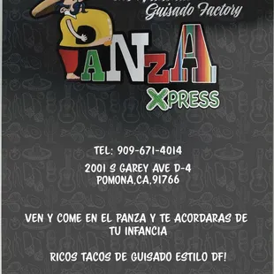 the menu for the panza xpress