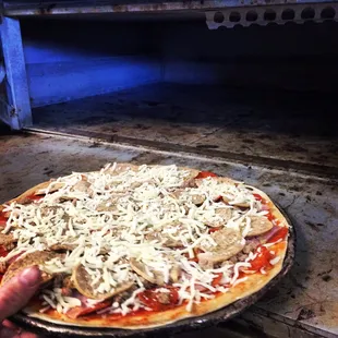 a person taking a pizza out of the oven