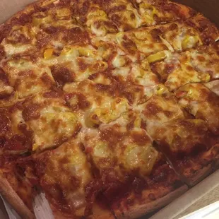 Pepperoni, banana peppers, onion