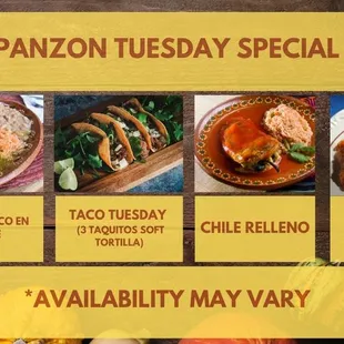 Panzon Tuesday Special Taco Tuesday, Chile Relleno, Chile Verde, Chicken Tinga, Chicken Flautas