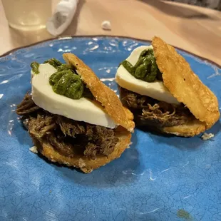 two sandwiches on a blue plate