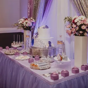 a wedding cake and desserts