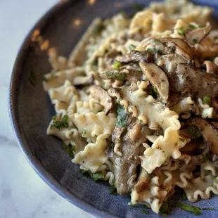 a plate of pasta and mushrooms