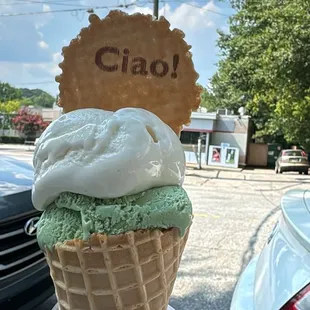 Small Waffle Cone with Banana and pistachio Gelato