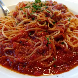 Capellini with meat sauce