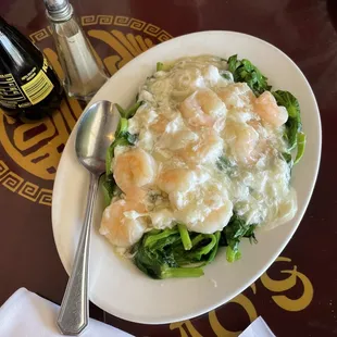 Shrimp with snow pea leaves