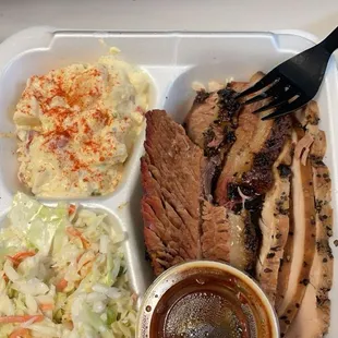 Brisket, turkey, potato salad, and slaw
