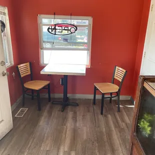 a table and two chairs