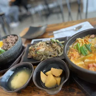 a variety of food items on a table
