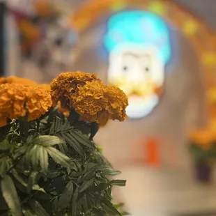 a vase of flowers in front of a stained glass window