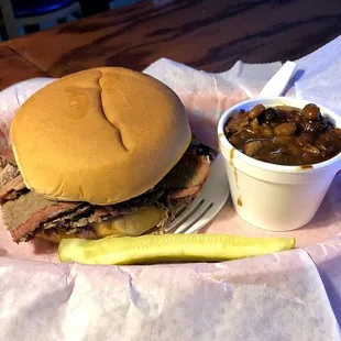 Brisket Sandwich (1/2 lb) with Baked Beans - Mmm!