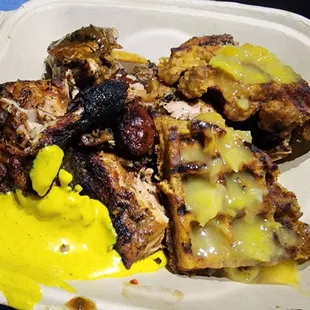 Jerk Chicken, Plantain Waffles, and 3 sauces