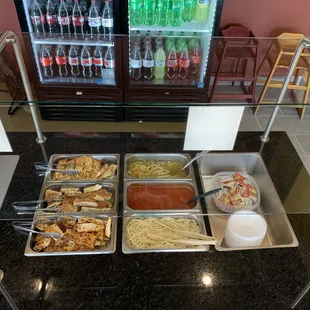 Calzone, cheese bread, chicken noodle soup, spaghetti.