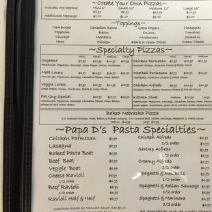 menu and prices