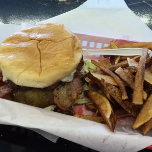 a plate of fries and a burger