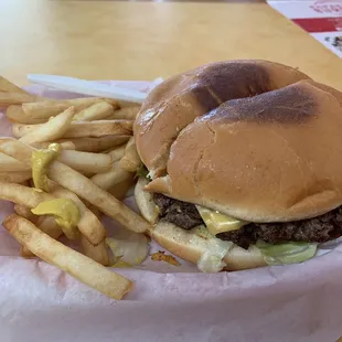 Cheeseburger  with double meat and yes, Mustard on my fries