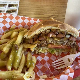 A magnificent burger with weenies and chili beans.  Delicioso!