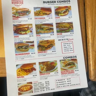 a menu for a burger combo