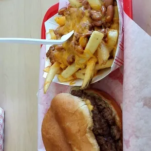 Double cheese burger without mayo and mustard and a side of chili cheese fries. !!!!