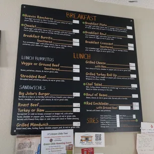 a menu on the wall