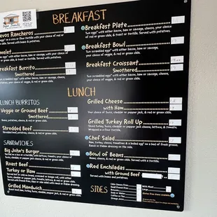 the breakfast menu on the wall