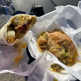 Breakfast bacon burrito green chili and breakfast  Croissant sausage with Green chili