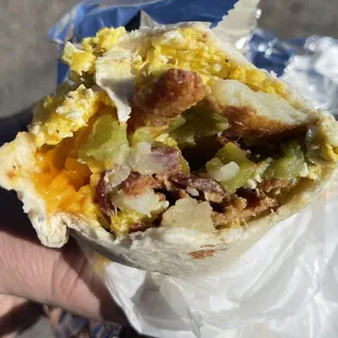 Breakfast burrito w/ bacon and green chili