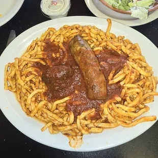 Spaghetti with sausage and meatballs