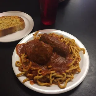 A meatball and a sausage with my spaghetti, Beth were yummy.