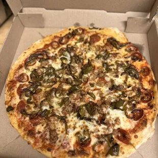 Peps, sausage, green peppers.