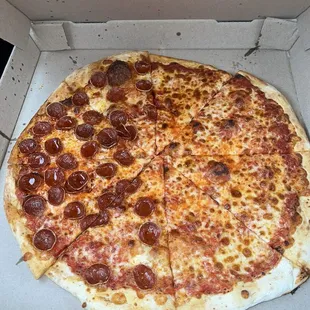 Half cheese half pepperoni xtra large pizza