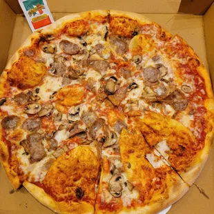 Large pepperoni, sausage, and mushrooms.