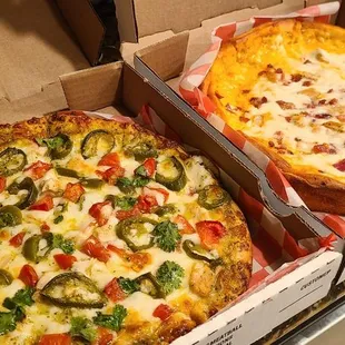 Mexican pizza and Chicago style deep dish spicy ranch bacon and chicken pizza