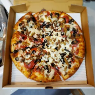 Pepperoni, sausage, salami, ground beef, mushrooms &amp; olives...AWESOME!!!