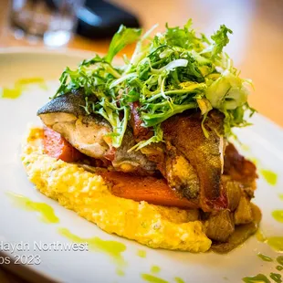 Trout: prosciutto wrapped idaho trout stuffed with chive butter, creamy sage polenta, root vegetables, frisee salad