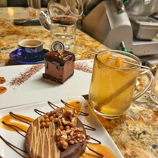 a dessert and a cup of tea