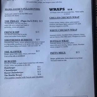 a menu for sandwiches, burgers and more