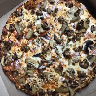 Pepperoni, Mushrooms, Sausage, Onions and Extra Cheese