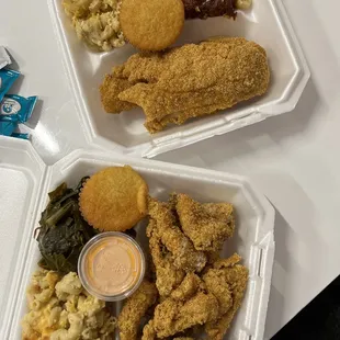 Haddock filet and catfish nuggets, sides are Mac and cheese, greens and cornbread muffins