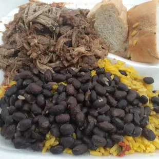 BBQ pork plate with two portions of red beans and rice