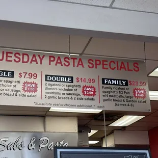 Updated Tuesday pasta special prices