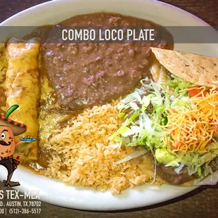 Combo Loco Plate: 1 Enchilada, 1 Chalupa and 1 Crispy Taco served with Rice and Beans.