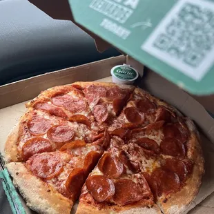 This is supposedly double pepperoni. The option to have it baked "well done" seems to be mandatory, this was too doughy &amp; not fluffy.