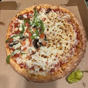 Almost half veggie and no half pepperoni (just cheese)