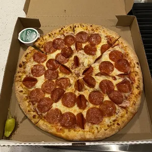 Large pizza with extra cheese and pepperoni