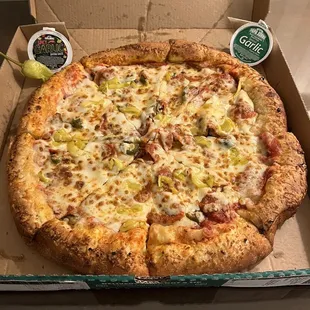 Door Dash Delivery - Spicy Garlic Stuffed Crust with Pepperoni, Jalapeno Peppers, Baby Portabello Mushrooms, and Banana Peppers - Good Pizza