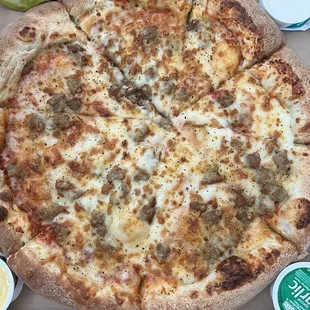 Sausage, extra cheese, stuffed crust, well done bake