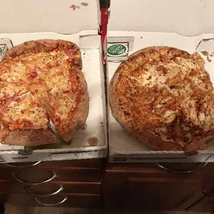 This is how our pizza arrived after being late and didn't bring our 2 liter. This is the second time we've had an issue with this location.