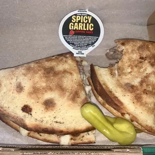 Philly Cheesesteak Papadia with Spicy Garlic Dipping Sauces and Pepperoncinis