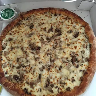 Swiss mushroom burger pizza